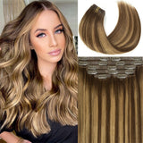 Seamless PU Clip in R#4-4/27 Caramel Blonde Highlights with Chocolate Brown Roots