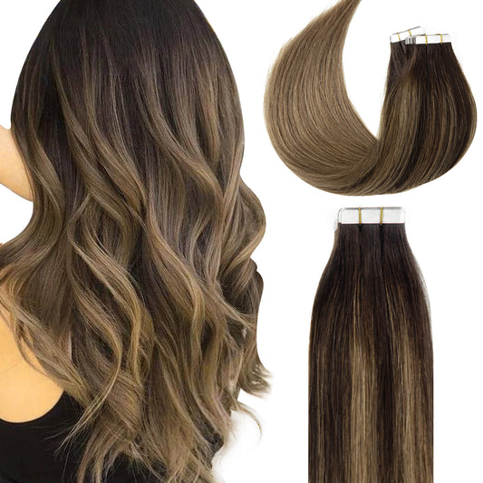 Lacer Brown Tape in Human Hair Extensions Natural Balayage Seamless Double Side PU Skin Weft Glue in Hair Extensions 100% Real Virgin Hair Ombre Darkest Brown to Chestnut Brown Color 50g 20pcs/set