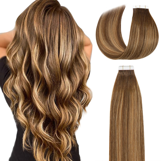 Lacer Tape in Human Hair Extensions  Chocolate Brown to Caramel Blonde with Brown Roots Color Human Hair Seamless PU Skin Weft 100% Real Virgin Tape in Human Hair Extensions Double Side  50g 20pcs / set 14-22 Inches hair extension