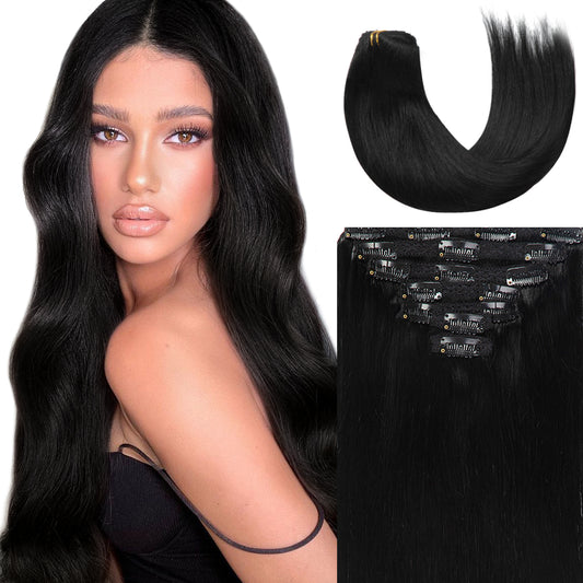 Lacer Hair Extensions Clip in Human Hair Jet Black 120g 7pcs Remy Human Hair Extensions Clip in Real Natural Hair Extensions Straight 14-22 Inch luxury clip