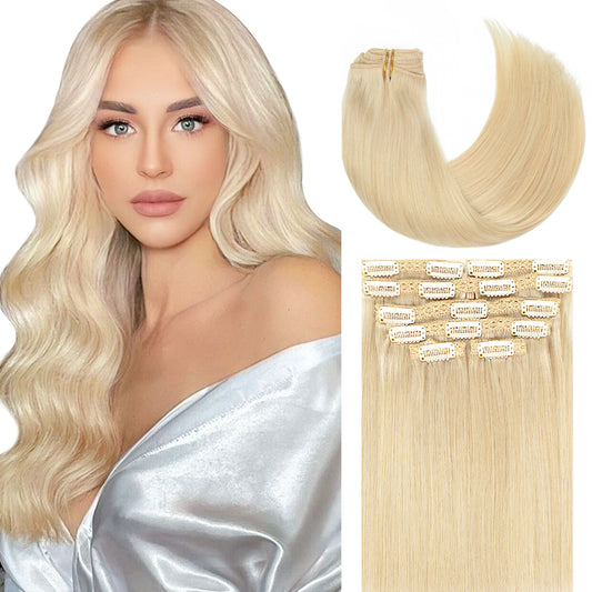 Lacer Hair Extensions Clip in Human Hair Platinum Blonde 120g 7pcs Remy Human Hair Extensions Clip in Real Natural Hair Extensions Straight 14-22 Inch luxury clip