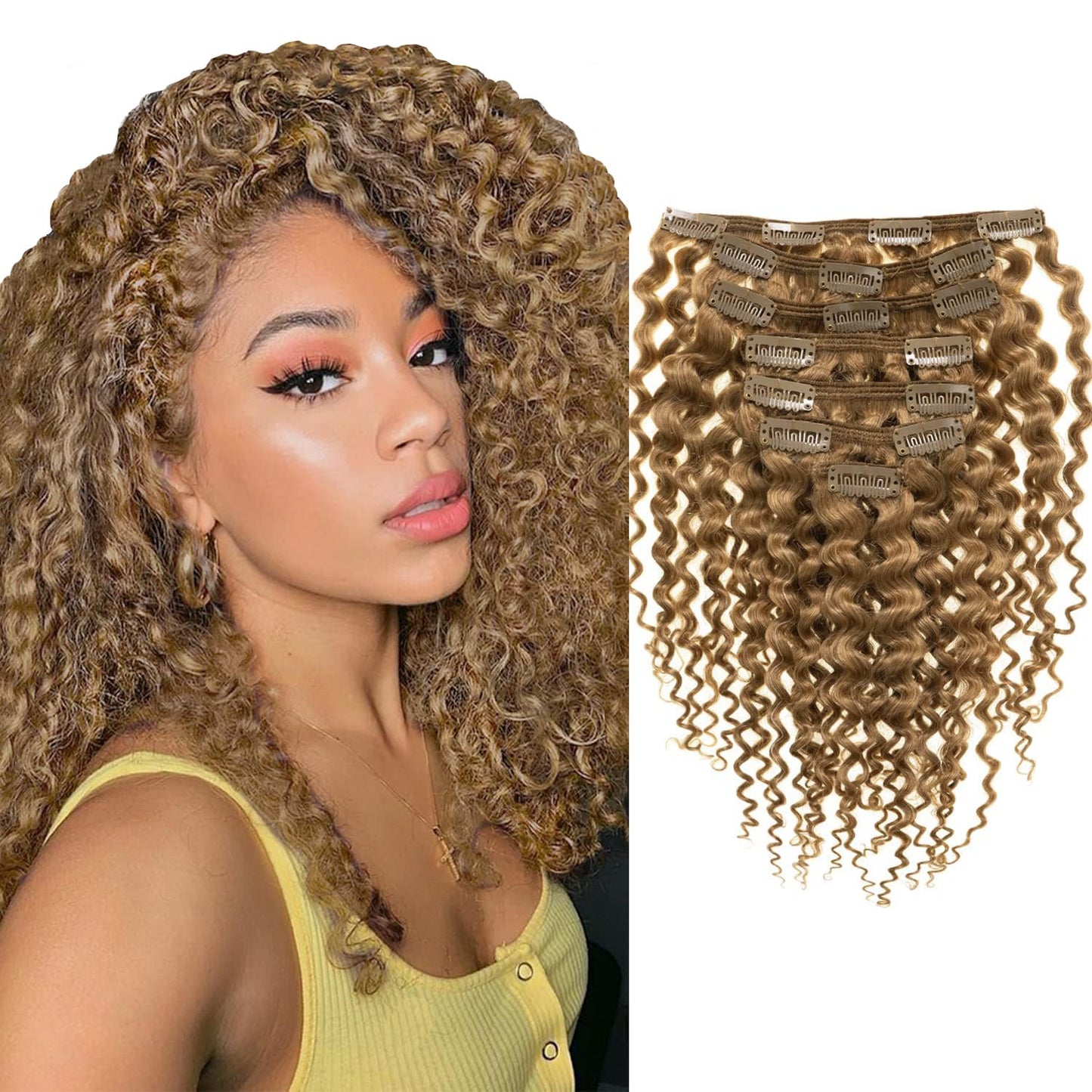 Highlight Blonde Curly Clip in Human Hair Extensions Afro Jerry Curly 3B 3C Real Hair Clip in Extensions For Black Women 16inch Dark Brown Mixed with Strawberry Blonde Color 100% Brazilian African American Hair Extension Clip Ins human hair curl