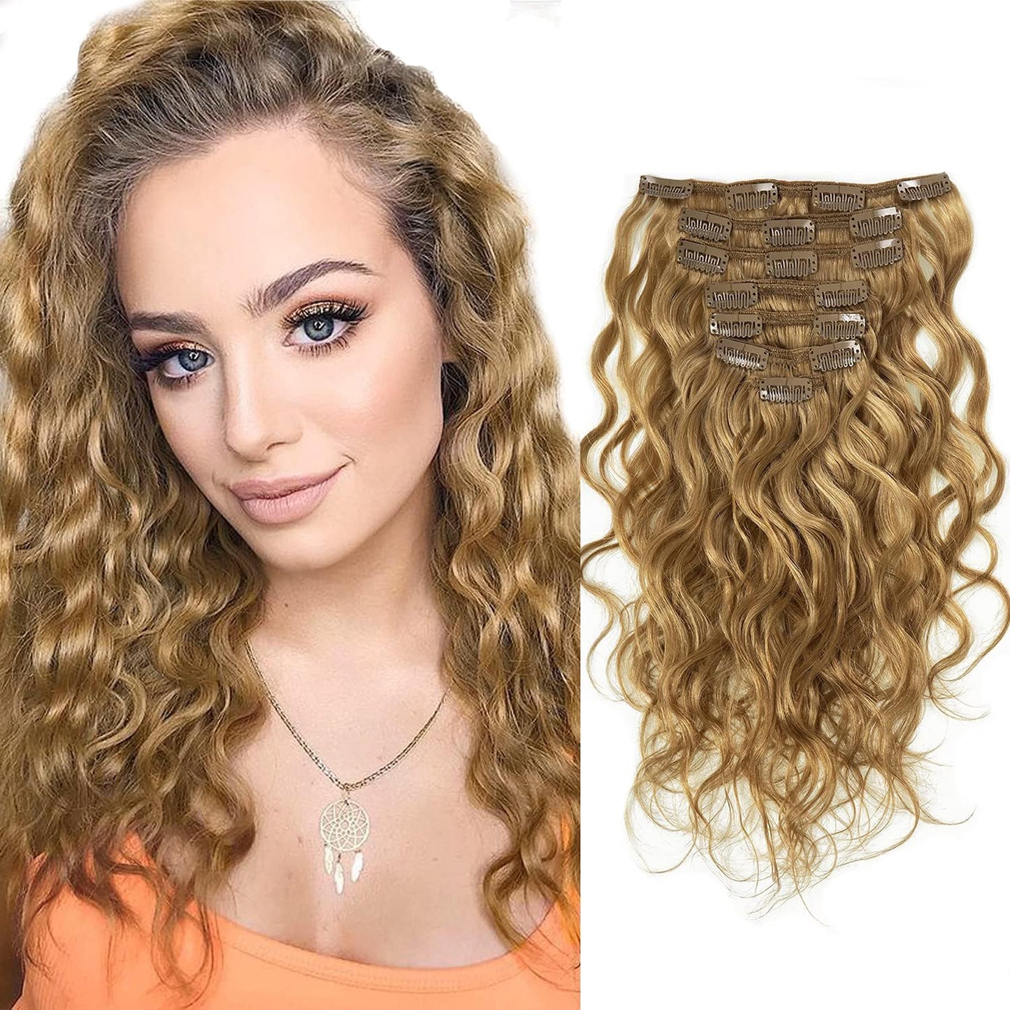 Highlight Blonde Curly Clip in Human Hair Extensions Afro Jerry Curly 3B 3C Real Hair Clip in Extensions For Black Women 16inch Dark Brown Mixed with Strawberry Blonde Color 100% Brazilian African American Hair Extension Clip Ins human hair curl