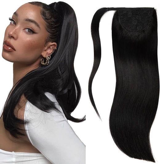 Lacer Human Hair Ponytail Jet Black Color Hair Piece SIlky Straight 70-90 Grams 14-22 Inch Wrap Around Ponytail Human Hair Extensions with Invisible Comb blonde clip