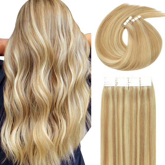 Lacer Tape in Human Hair Extensions Dark Ash Blonde Mixed Platinum Blonde Color Human Hair Seamless PU Skin Weft 100% Real Virgin Tape in Human Hair Extensions Double Side  50g 20pcs / set 14-22 Inches hair extension