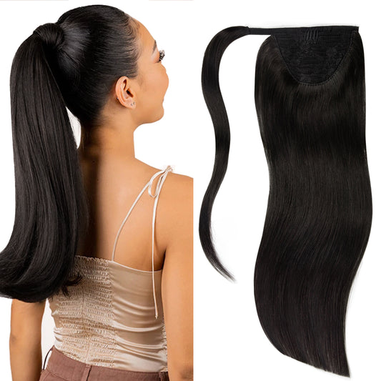 Lacer Human Hair Ponytail Dark Brown Color Hair Piece SIlky Straight 70-90 Grams 14-22 Inch Wrap Around Ponytail Human Hair Extensions with Invisible Comb blonde clip