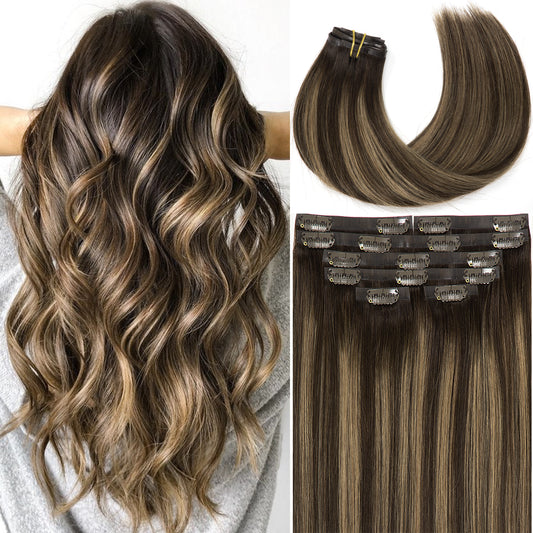 Lacer Hair Seamless Clip in Hair Extensions 9A Grade Virgin Human Hair Ultra Thin PU Weft Natural Hair Extensions Clip in Extensions For Women 7 Pcs 110g Chestnut Brown Mixed Dark Brown with Dark Brown Roots 14-22 Inch