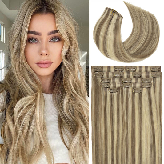 Lacer Hair Seamless Clip in Hair Extensions 9A Grade Virgin Human Hair Ultra Thin PU Weft Natural Hair Extensions Clip in Extensions For Women 7 Pcs 110g Light Brown with Platinum Blonde 14-22 Inch