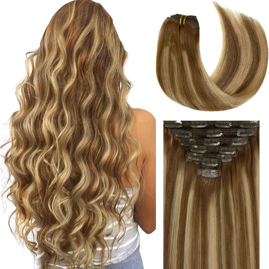 Lacer Hair Extensions Clip in Human Hair Ombre Chocolate Brown to Caramel Blonde with Brown Roots 120g 7pcs Remy Human Hair Extensions Clip in Real Natural Hair Extensions Straight 14-22 Inch luxury clip