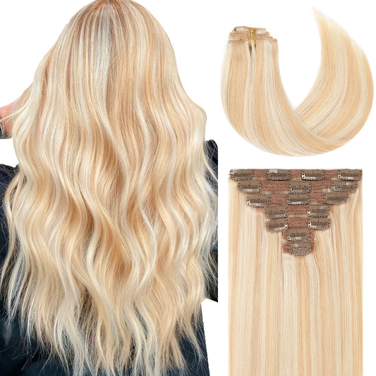 Lacer Hair Extensions Clip in Human Hair Dark Ash Blonde Mixed Platinum Blonde 120g 7pcs Remy Human Hair Extensions Clip in Real Natural Hair Extensions Straight 14-22 Inch luxury clip