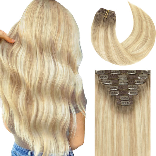 Lacer Hair Extensions Clip in Human Hair Light Brown to Light Golden Blonde Mixed Platinum Blonde 120g 7pcs Remy Human Hair Extensions Clip in Real Natural Hair Extensions Straight 14-22 Inch luxury clip