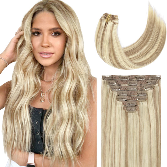 Lacer Hair Extensions Clip in Human Hair Light Brown with Platinum Blonde 120g 7pcs Remy Human Hair Extensions Clip in Real Natural Hair Extensions Straight 14-22 Inch luxury clip