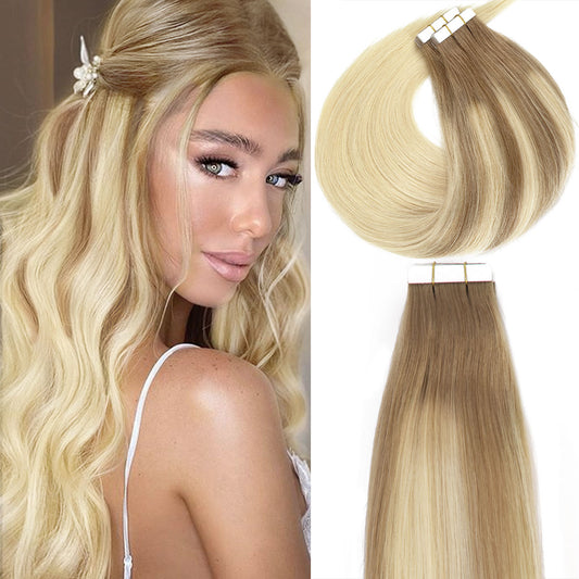 Lacer Hair Remy Tape in Human Hair Extensions Balayage #8/60 Light Brown to Platinum blonde Seamless PU Skin Weft Tape in Real Hair Extensions Double Side 50g 20pcs/set 14 inch