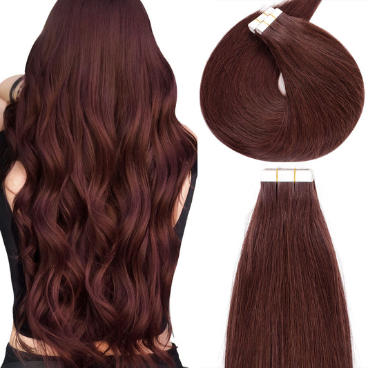 Lacer Tape in Human Hair Extensions Red Wine Burgundy Color Human Hair Seamless PU Skin Weft 100% Real Virgin Tape in Human Hair Extensions Double Side  50g 20pcs / set 14-22 Inches hair extension