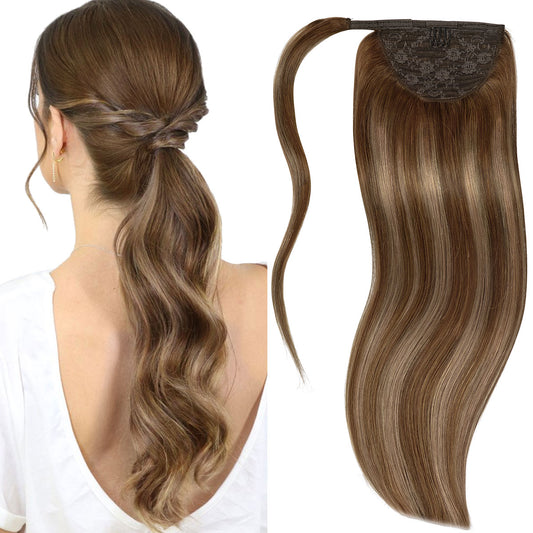 Lacer Human Hair Ponytail Rooted Chocolate Brown to Chestnut Brown Color Hair Piece Silky Straight 70-90 Grams 14-22 Inch Wrap Around Ponytail Human Hair Extensions with Invisible Comb blonde clip