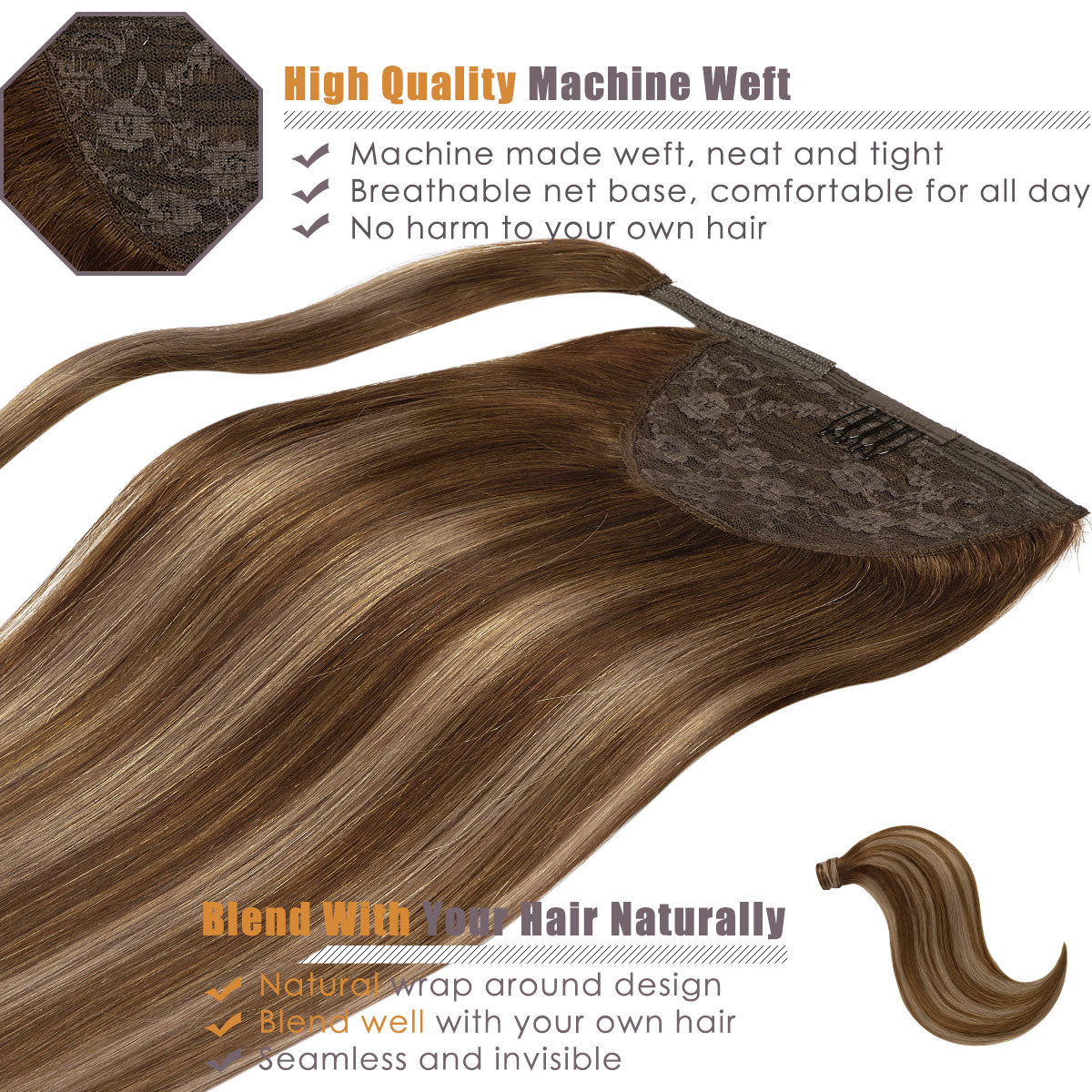 Human Hair Ponytail Wrap Around Ponytail Human Hair Extensions with Invisible Comb blonde clip - lacerhairofficial