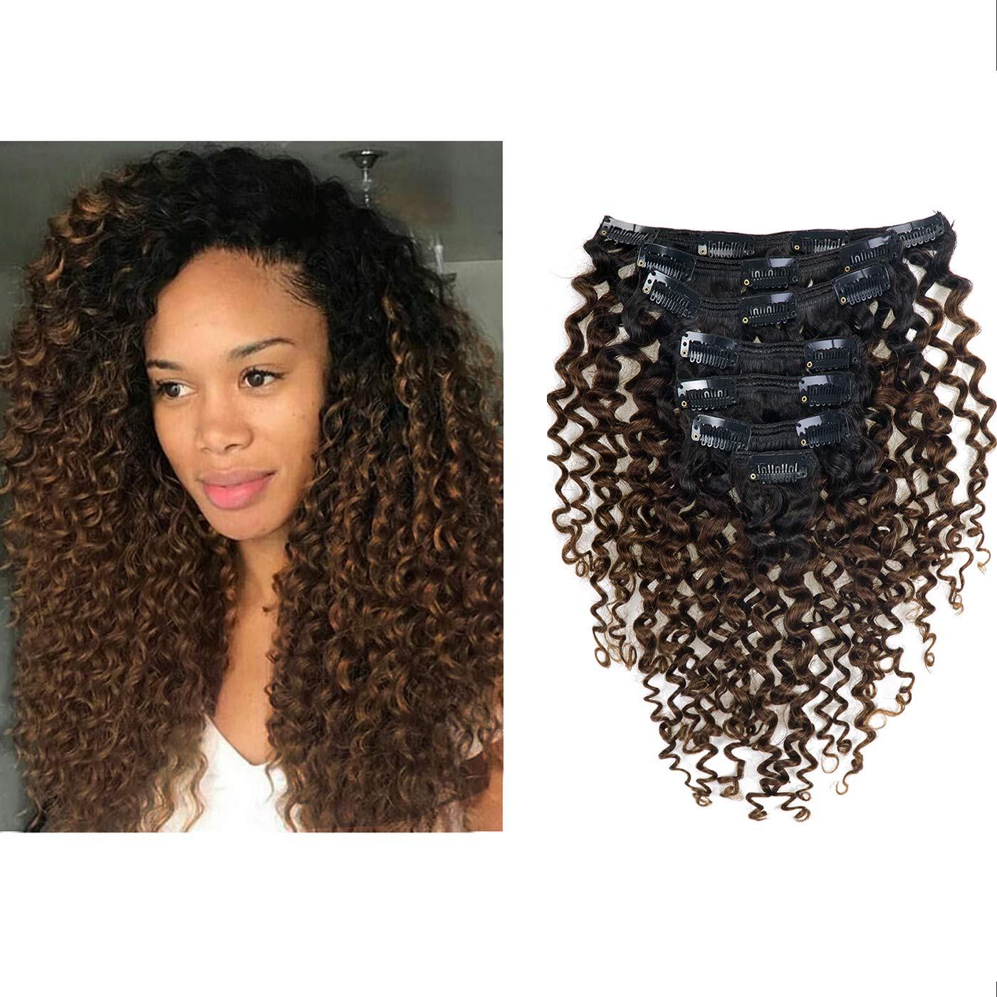 Clip in Human Hair Extensions Afro Jerry Curly 3B 3C Real Hair Clip in Extensions For Black Women Natural Black Color 100% Brazilian African American Hair Extensions (20 inch, Jerry Curly #P4/27) human hair curl