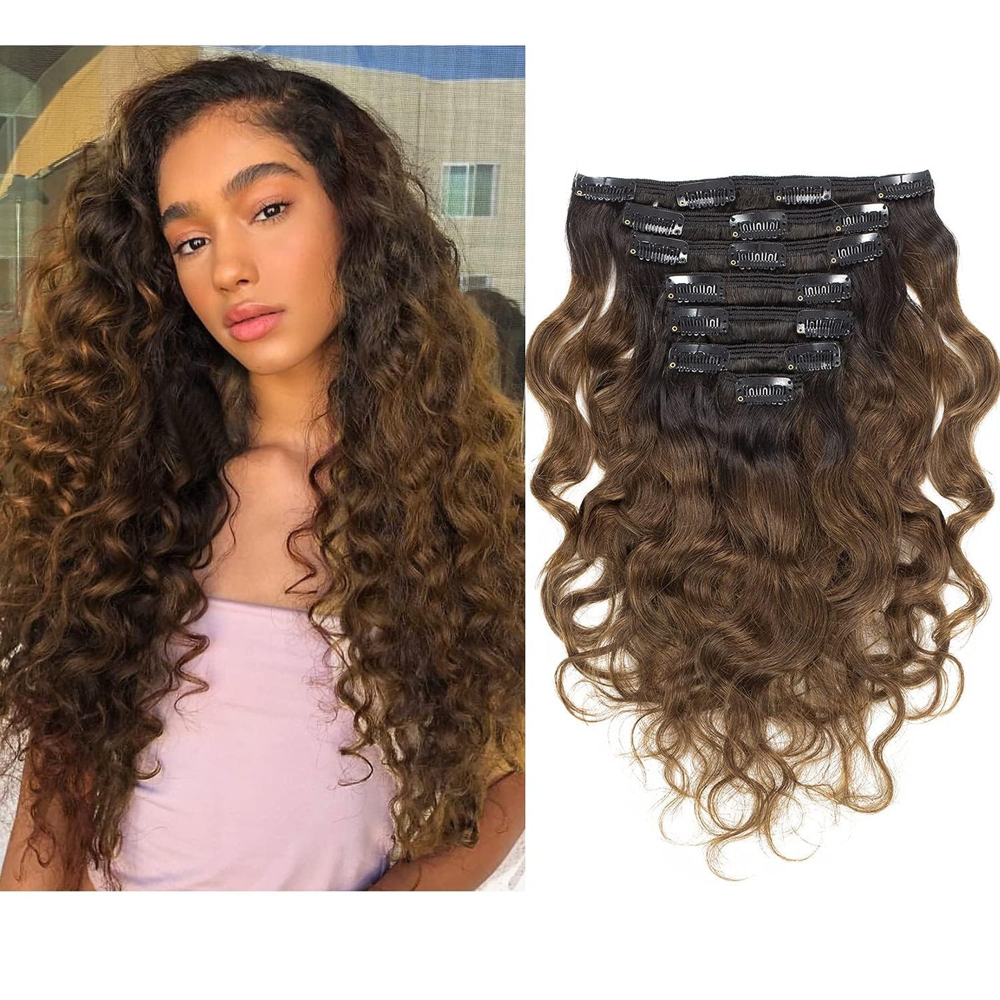 Clip in Human Hair Extensions Afro Jerry Curly 3B 3C Real Hair Clip in Extensions For Black Women Natural Black Color 100% Brazilian African American Hair Extensions (20 inch, Jerry Curly #P4/27) human hair curl