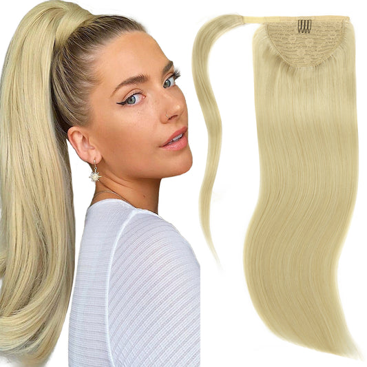 Lacer Human Hair Ponytail Platinum Blonde Color Hair Piece SIlky Straight 70-90 Grams 14-22 Inch Wrap Around Ponytail Human Hair Extensions with Invisible Comb blonde clip