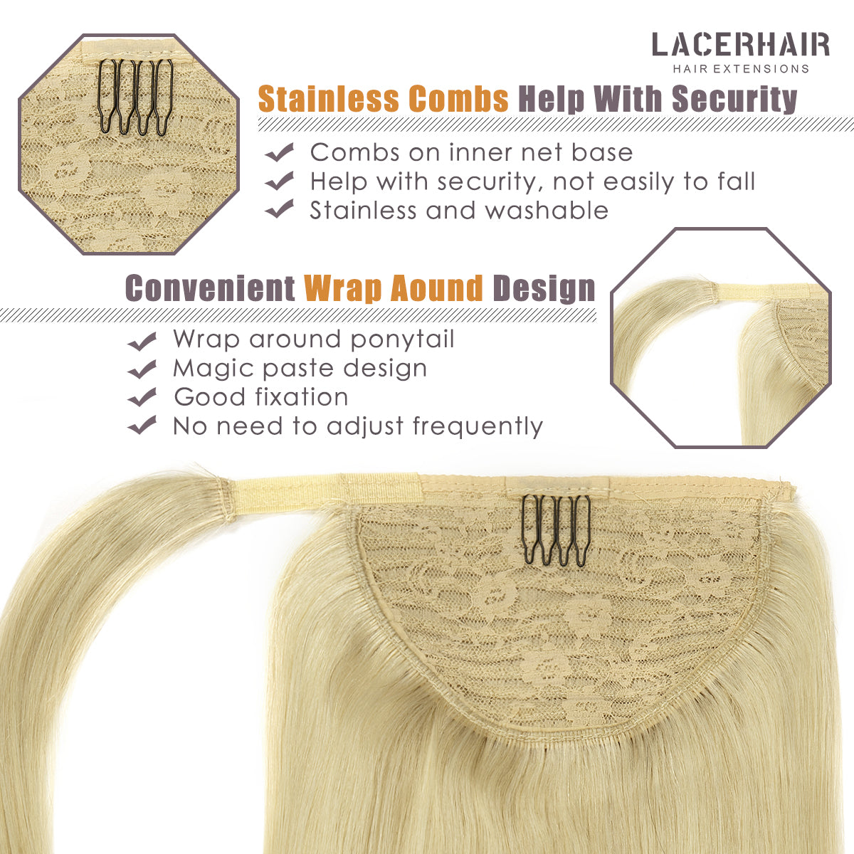 Human Hair Ponytail Wrap Around Ponytail Human Hair Extensions with Invisible Comb blonde clip lacerhairofficial