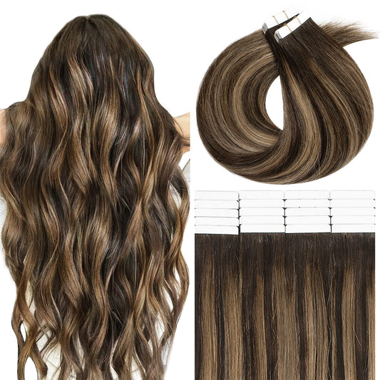 Lacer Tape in Human Hair Extensions Dark Brown to Chestnut Brown Color Human Hair Seamless PU Skin Weft 100% Real Virgin Tape in Human Hair Extensions Double Side  50g 20pcs / set 14-22 Inches hair extension