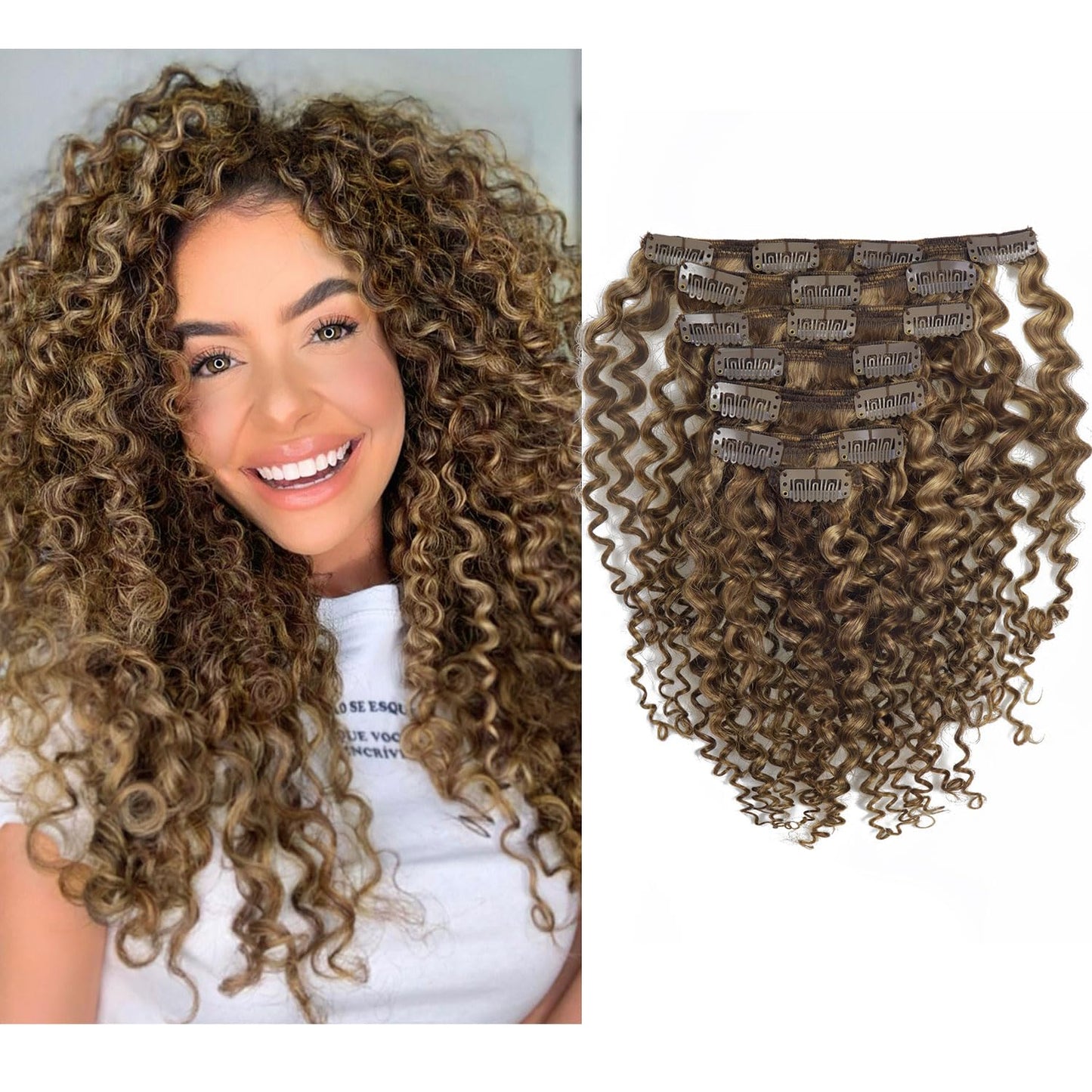 Clip in Human Hair Extensions Afro Jerry Curly 3B 3C Real Hair Clip in Extensions For Black Women Natural Black Color 100% Brazilian African American Hair Extensions (20 inch, Jerry Curly #P4/27) human hair curl