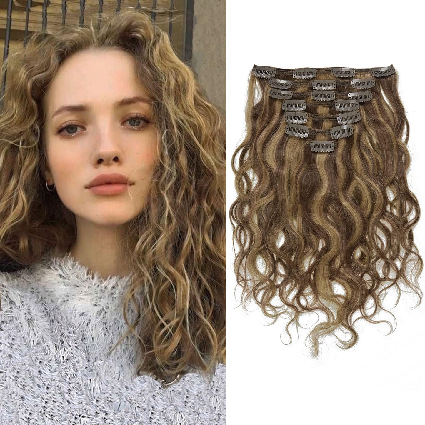 Highlight Blonde Curly Clip in Human Hair Extensions Afro Jerry Curly 3B 3C Real Hair Clip in Extensions For Black Women 16inch Dark Brown Mixed with Strawberry Blonde Color 100% Brazilian African American Hair Extension Clip Ins human hair curl