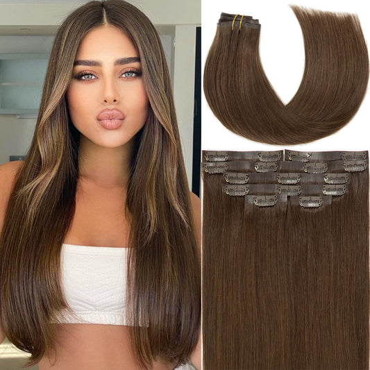 Lacer Hair Seamless Clip in Hair Extensions 9A Grade Virgin Human Hair Ultra Thin PU Weft Natural Hair Extensions Clip in Extensions For Women 7 Pcs 110g #4 Chocolate Brown 14-22 Inch