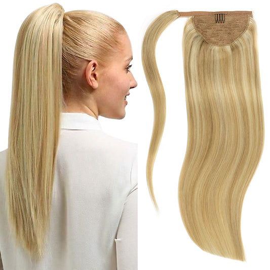 Lacer Human Hair Ponytail Highlight Ash Blonde Mixed Platinum Blonde Color Hair Piece SIlky Straight 70-90 Grams 14-22 Inch Wrap Around Ponytail Human Hair Extensions with Invisible Comb blonde clip