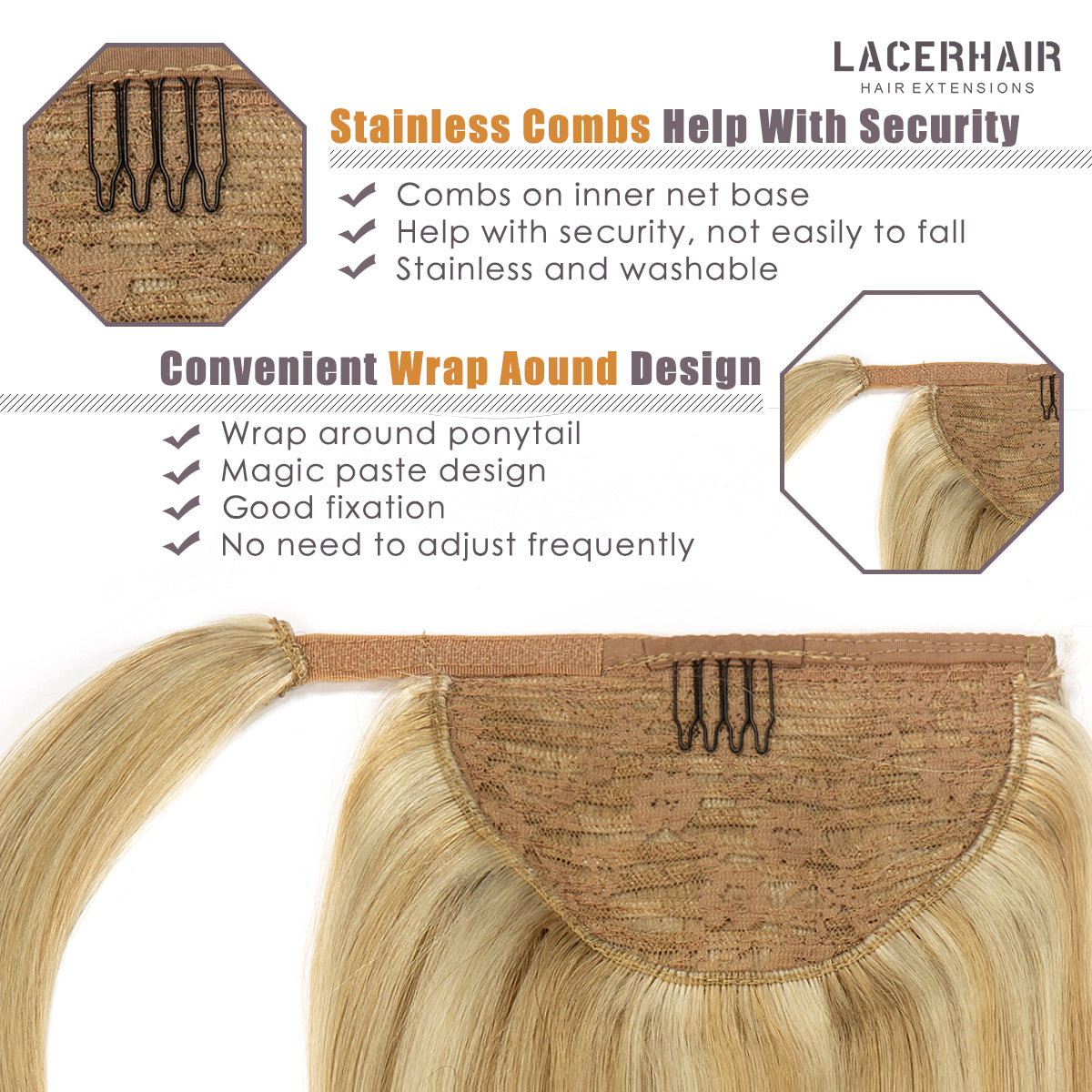 Human Hair Ponytail Highlight Wrap Around Ponytail Human Hair Extensions with Invisible Comb blonde clip lacerhairofficial