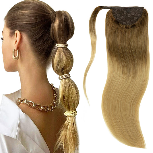 Lacer Human Hair Ponytail  Ombre Chocolate Brown to Ash Blonde Color Hair Piece Silky Straight 70-90 Grams 14-22 Inch Wrap Around Ponytail Human Hair Extensions with Invisible Comb blonde clip