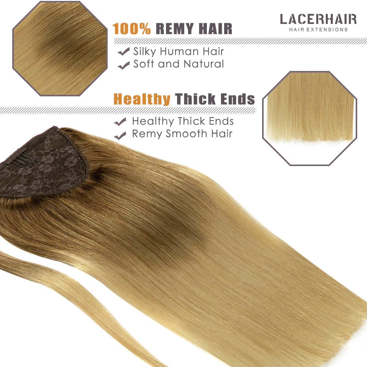 Human Hair Ponytail Wrap Around Ponytail Human Hair Extensions with Invisible Comb blonde clip - lacerhairofficial