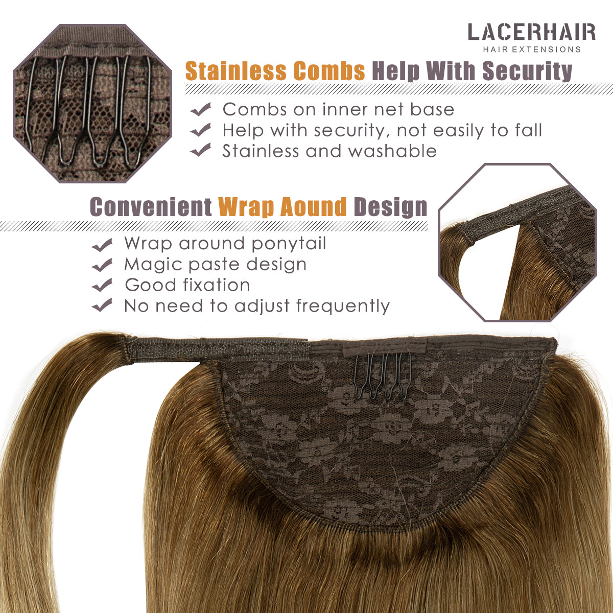 Human Hair Ponytail Wrap Around Ponytail Human Hair Extensions with Invisible Comb blonde clip - lacerhairofficial