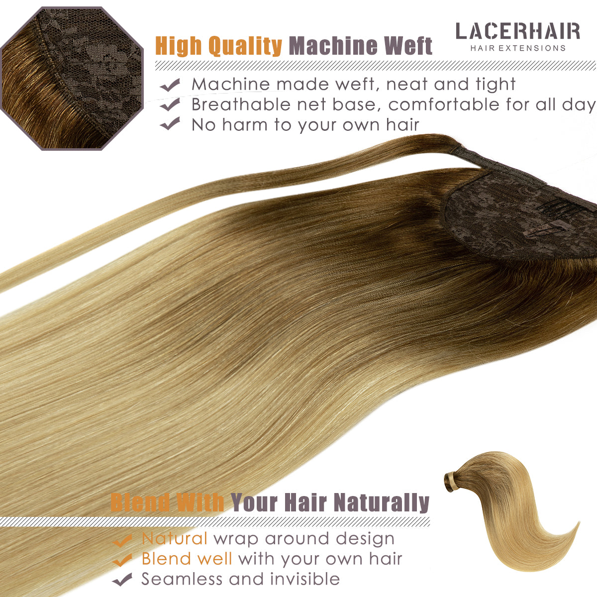 Human Hair Ponytail Wrap Around Ponytail Human Hair Extensions with Invisible Comb blonde clip - lacerhairofficial