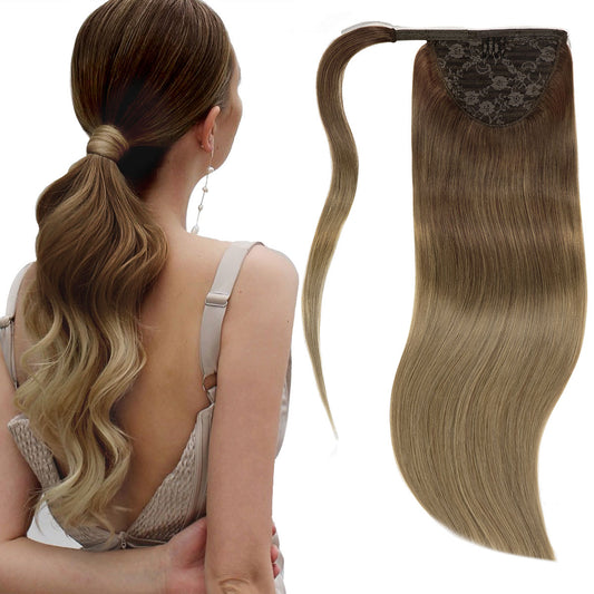 Lacer Human Hair Ponytail Ombre Dark Brown to Light Brown Color Hair Piece Silky Straight 70-90 Grams 14-22 Inch Wrap Around Ponytail Human Hair Extensions with Invisible Comb blonde clip