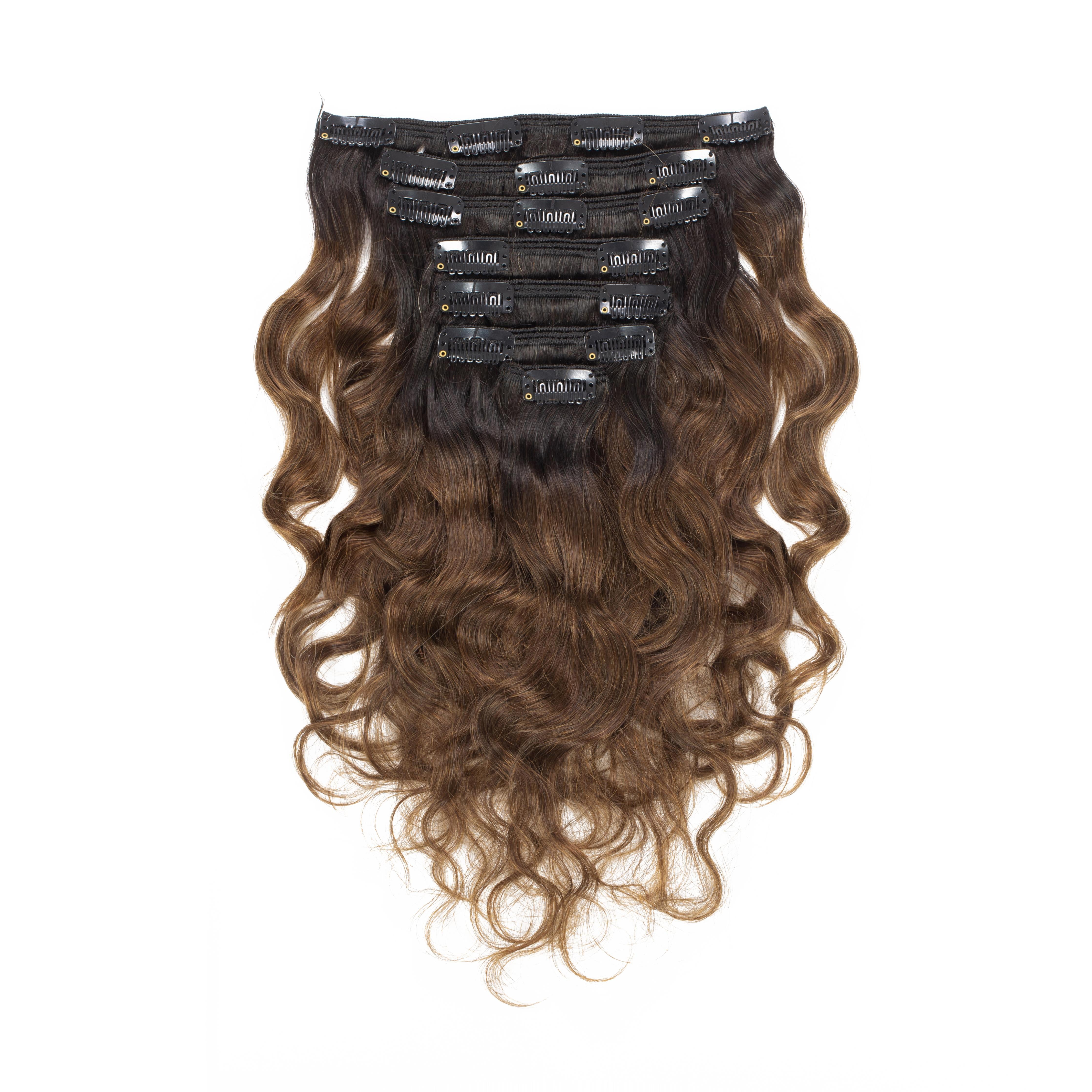 Curly Clip in Extensions T#1B/4 Natural Black Fading into Chocolate Brown