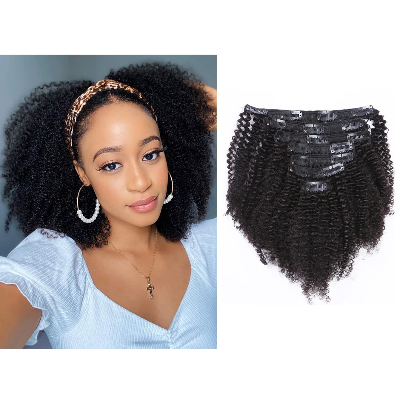 Kinky Curly Clip in Hair Extensions 4B 4C 8A Natural Black Color AC#1B