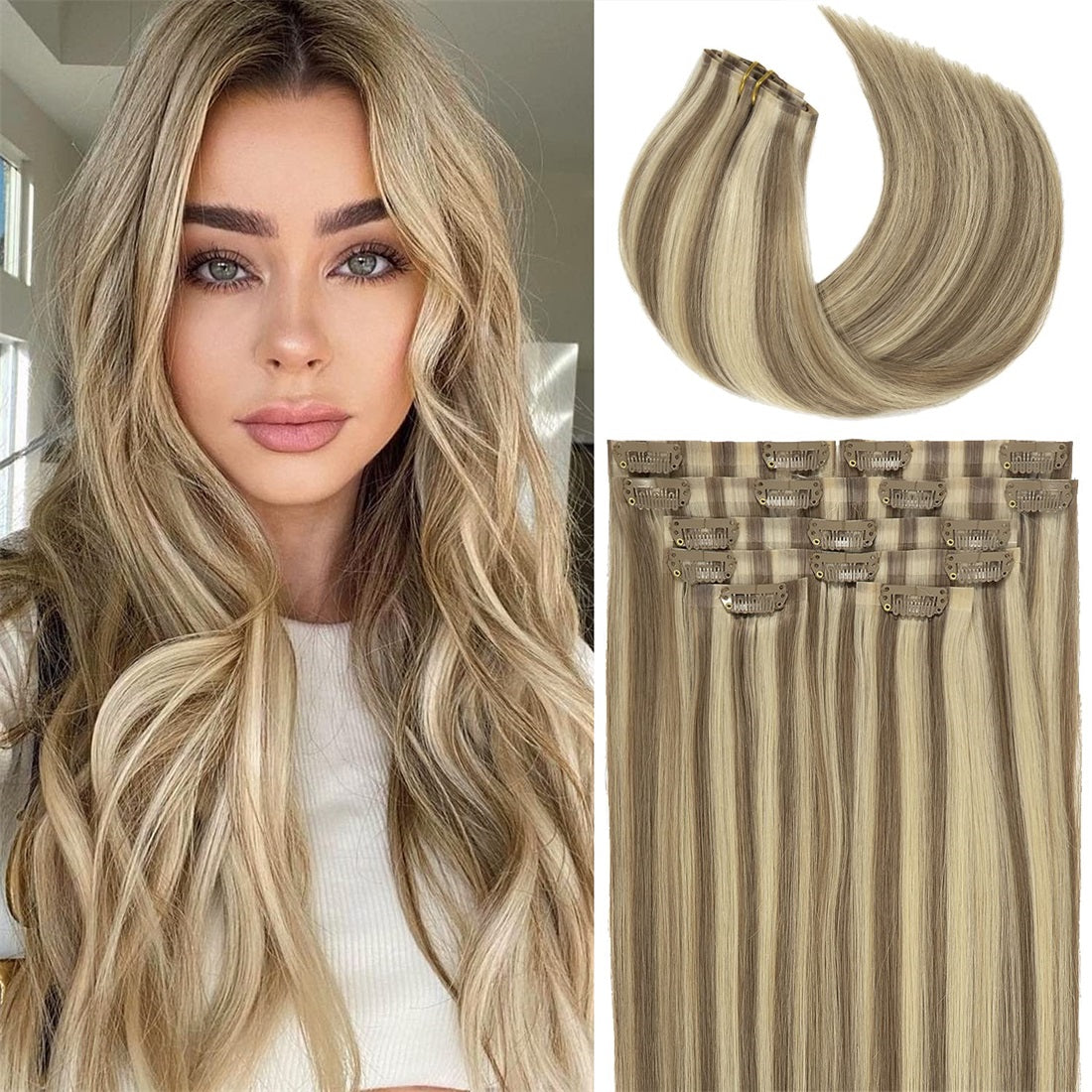 Seamless PU Clip in P#8/60 Light Brown with Platinum Blonde Highlights