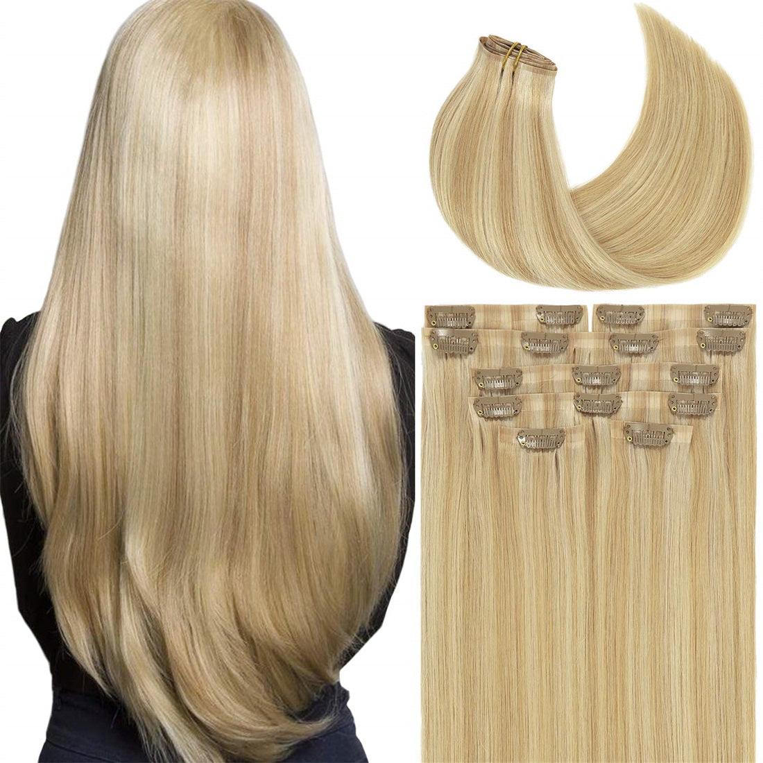 Lacer Ultra Thin Weft Seamless Hair Extensions Clip in Human Hair Double PU  Skin Weft Light Brown Fading to Platinum Blonde 100% Human Hair Clip in